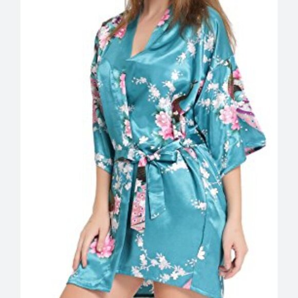 Aibrou Short Floral Blue Kimono Robe Satin With Belt Closure- XL NWT - Picture 2 of 4